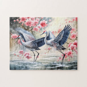 Cranes in water with floral reflections jigsaw puzzle