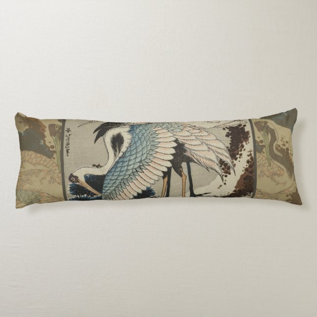 Cranes on a Snow Covered Pine Hokusai Body Cushion (Back)