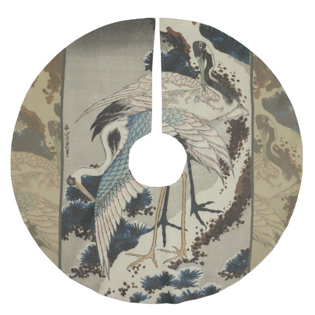 Cranes on a Snow Covered Pine Hokusai Brushed Polyester Tree Skirt (Front)