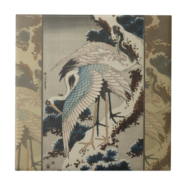 Cranes on a Snow Covered Pine Hokusai Ceramic Tile (Front)