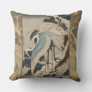 Cranes on a Snow Covered Pine Hokusai Cushion