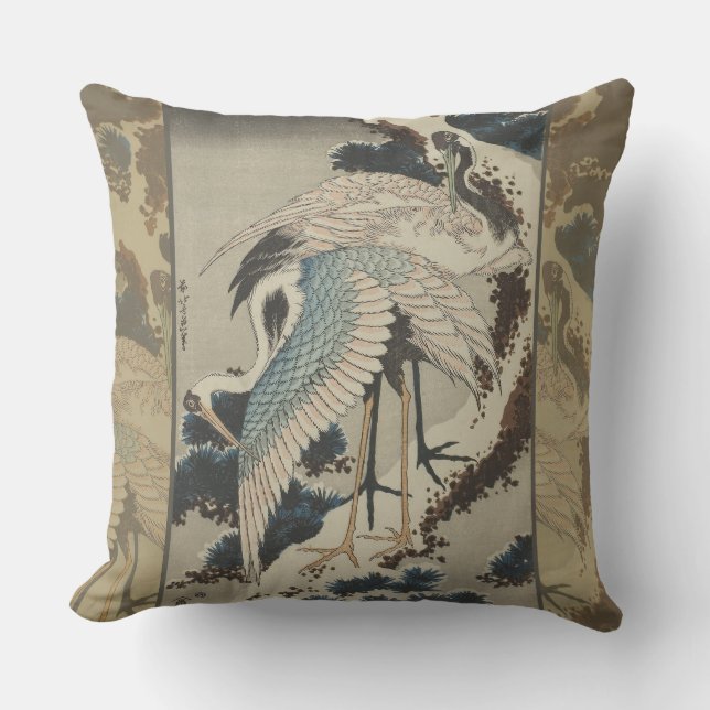 Cranes on a Snow Covered Pine Hokusai Cushion (Front)