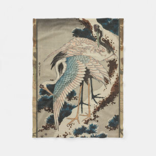 Cranes on a Snow Covered Pine Hokusai Fleece Blanket