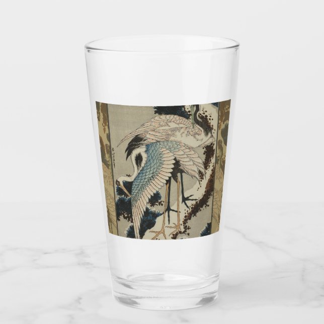 Cranes on a Snow Covered Pine Hokusai Glass (Front)