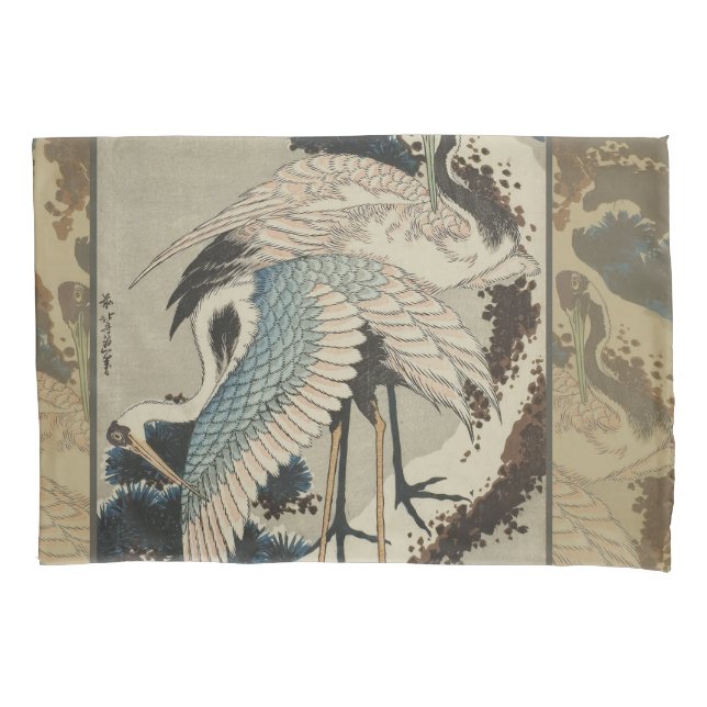 Cranes on a Snow Covered Pine Hokusai Pillowcase (Front)
