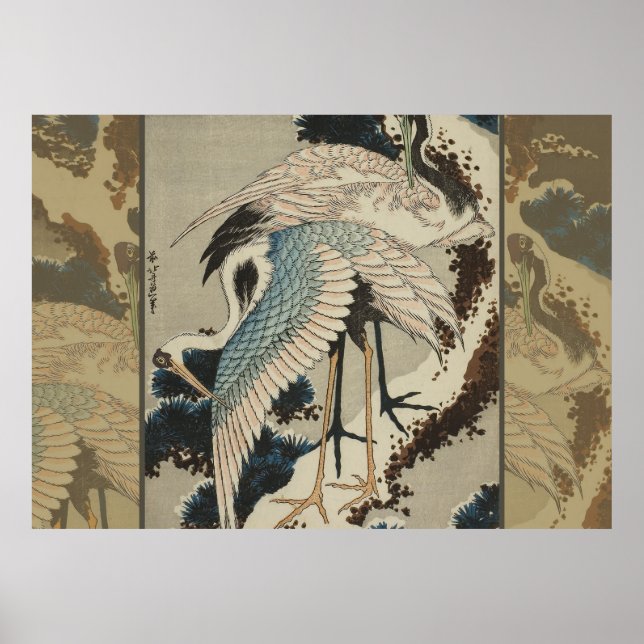 Cranes on a Snow Covered Pine Hokusai Poster (Front)