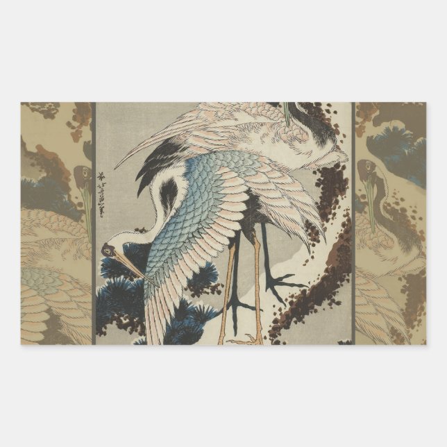 Cranes on a Snow Covered Pine Hokusai Rectangular Sticker (Front)