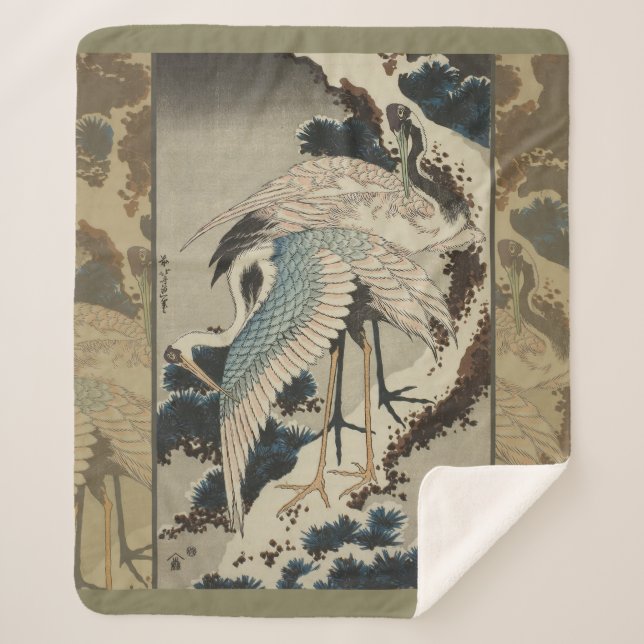 Cranes on a Snow Covered Pine Hokusai Sherpa Blanket (Front)