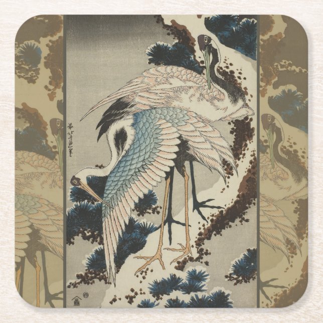 Cranes on a Snow Covered Pine Hokusai Square Paper Coaster (Front)