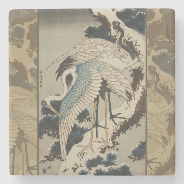 Cranes on a Snow Covered Pine Hokusai Stone Coaster (Front)