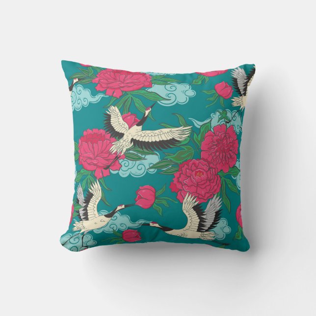 Cranes Peonies: Vintage Floral Graphics Cushion (Front)