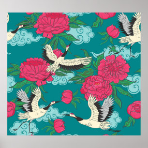 Cranes Peonies: Vintage Floral Graphics Poster