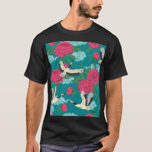 Cranes Peonies: Vintage Floral Graphics T-Shirt