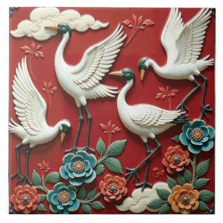 Cranes Resting on Floral Branches Ceramic Tile