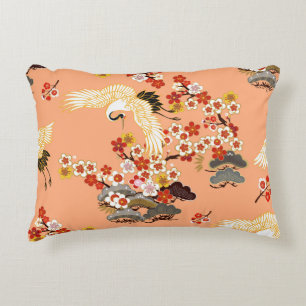 Cranes, sakura, colourful, floral, cantaloupe. decorative cushion