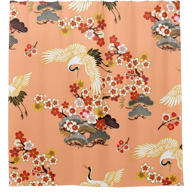 Cranes, sakura, colourful, floral, cantaloupe. shower curtain (Front)