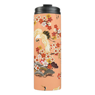 Cranes, sakura, colourful, floral, cantaloupe. thermal tumbler