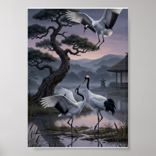 Cranes Under Pine Trees Oriental Aesthetic Fleece Poster