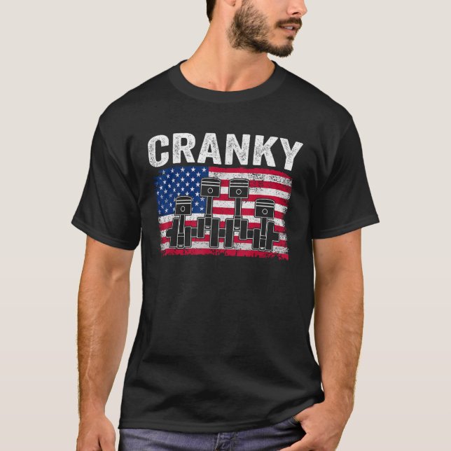 Cranky Car Engine Crankshaft Us Flag Mechanics 4th T-Shirt (Front)