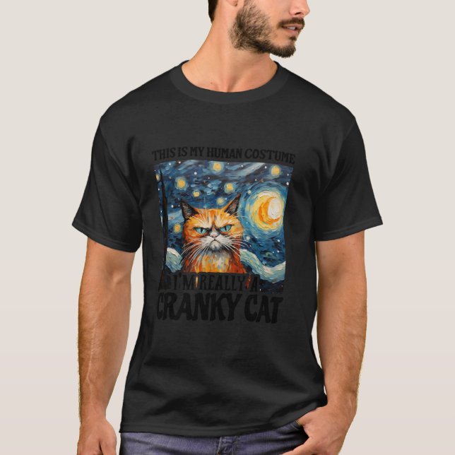 Cranky Cat in Human Costume Funny Van Gogh Hallowe T-Shirt (Front)
