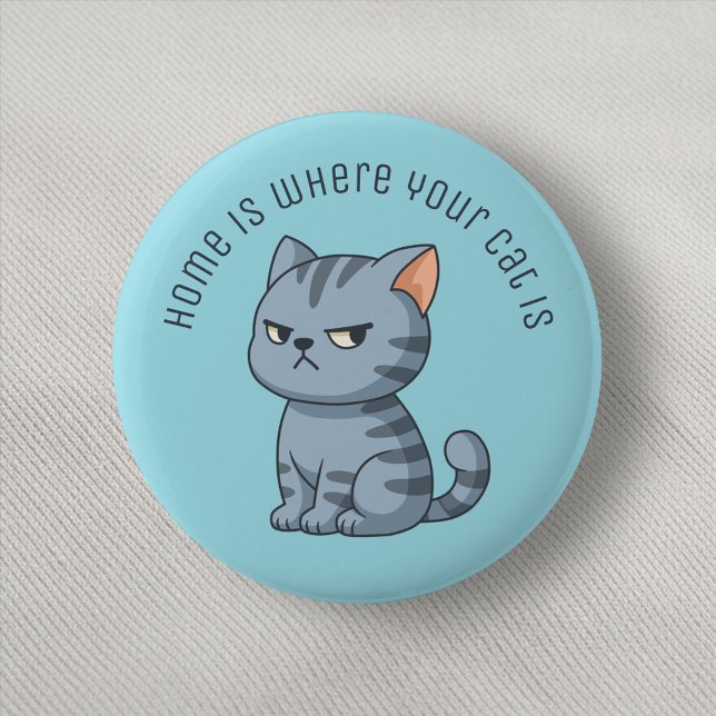 Cranky Grey Tabby Cat Custom Text Blue 6 Cm Round Badge (Creator Uploaded)