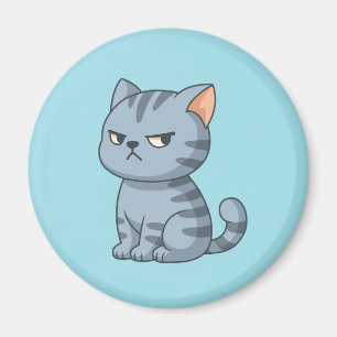 Cranky Grey Tabby Cat on Blue Magnet