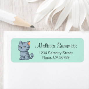 Cranky Grey Tabby Cat on Green Return Address Label