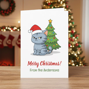 Cranky Grey Tabby Cat Red Hat Christmas Tree Card