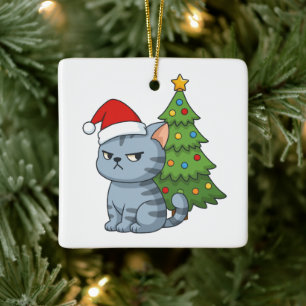Cranky Grey Tabby Cat Red Hat Christmas Tree Ceramic Ornament