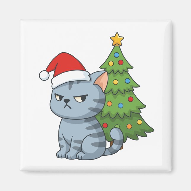 Cranky Grey Tabby Cat Red Hat Christmas Tree Magnet (Front)