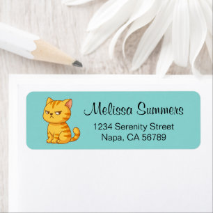 Cranky Orange Tabby Cat on Teal Return Address Label