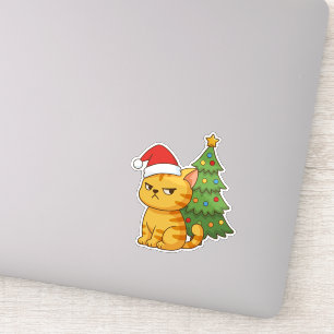 Cranky Orange Tabby Cat Red Hat Christmas Tree