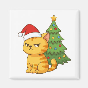 Cranky Orange Tabby Cat Red Hat Christmas Tree Magnet