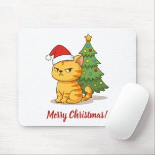 Cranky Orange Tabby Cat Red Hat Christmas Tree Mouse Pad