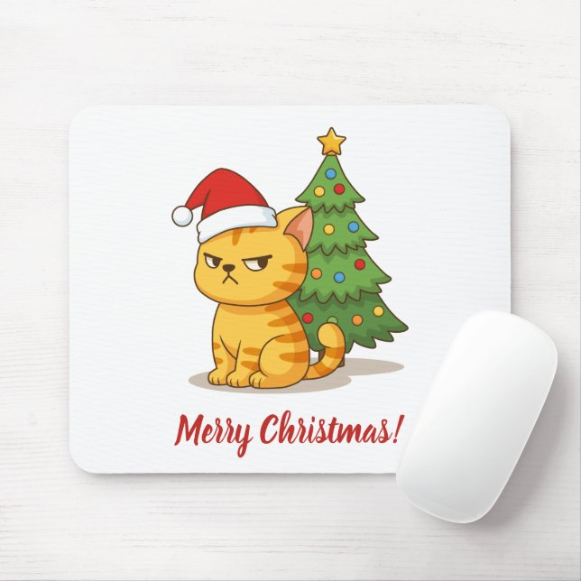 Cranky Orange Tabby Cat Red Hat Christmas Tree Mouse Pad (With Mouse)