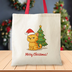 Cranky Orange Tabby Cat Red Hat Christmas Tree Tote Bag