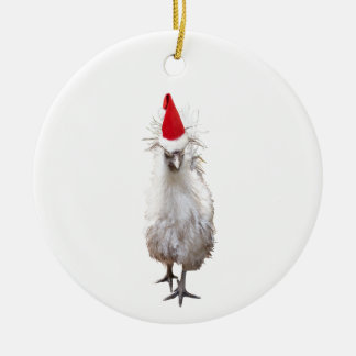 Cranky Silkie Bantam Chicken Santa Hat Christmas Ceramic Ornament