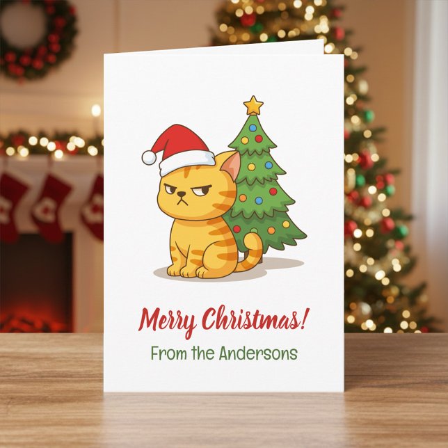 Cranky Tabby Cat Red Hat Christmas Tree Card (Creator Uploaded)