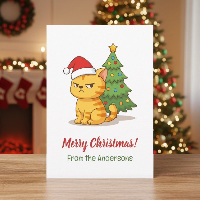 Cranky Tabby Cat Red Hat Christmas Tree Holiday Card (Creator Uploaded)