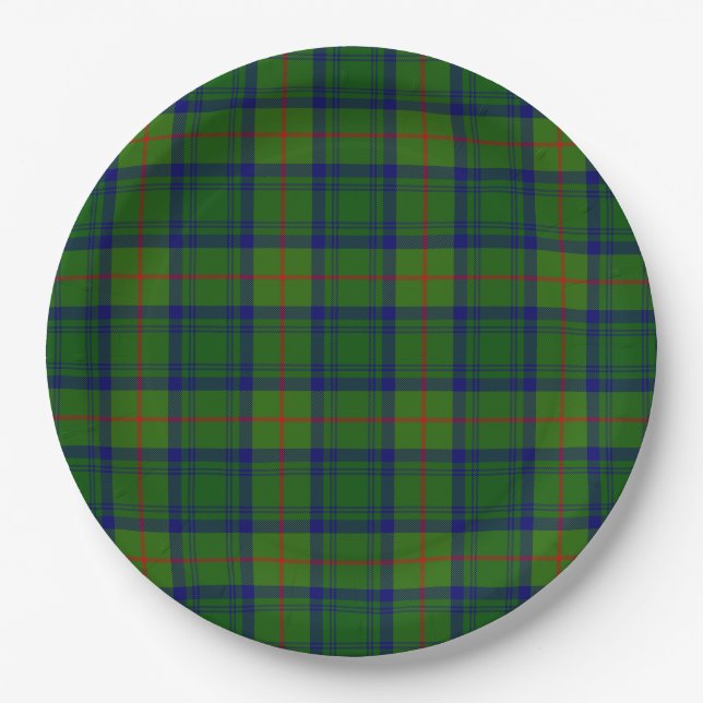 Cranstoun tartan green blue plaid paper plate (Front)