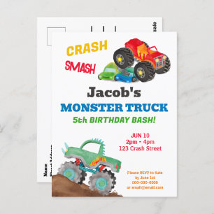Crash Smash Monster Truck Birthday Bash Watercolor Postcard