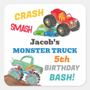Crash Smash Monster Truck Birthday Bash Watercolor Square Sticker