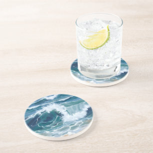 Crashing Ocean Waves Coastal Blue Watercolor Coaster