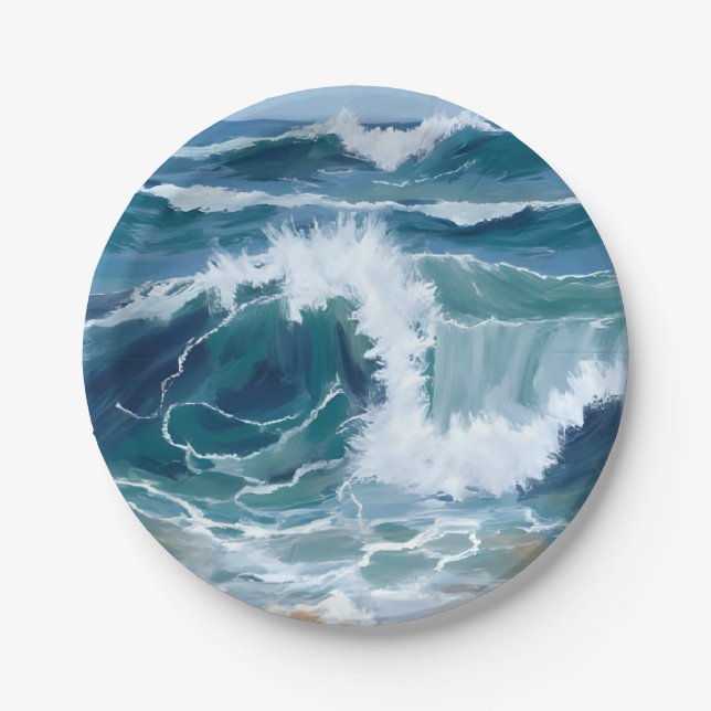Crashing Ocean Waves | Coastal Blue Watercolor Paper Plate (Front)