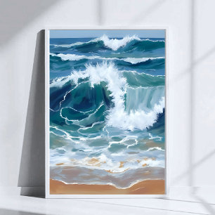 Crashing Ocean Waves Coastal Blue Watercolor Poster