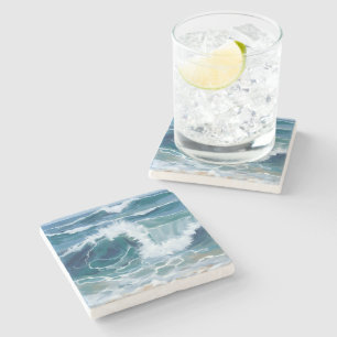 Crashing Ocean Waves   Coastal Blue Watercolor Stone Coaster