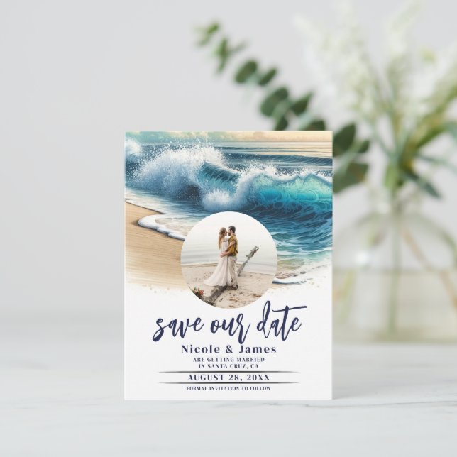Crashing Ocean Waves Coastal Save the Date Photo Invitation (Standing Front)
