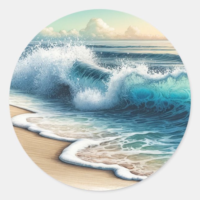 Crashing Ocean Waves Rustic Coastal Beach Wedding Classic Round Sticker (Front)