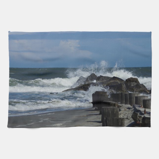 Crashing Waves At Folly Tea Towel (Horizontal)