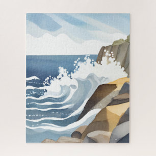 Crashing Waves Rocky Coastal Shore Watercolor Jigsaw Puzzle